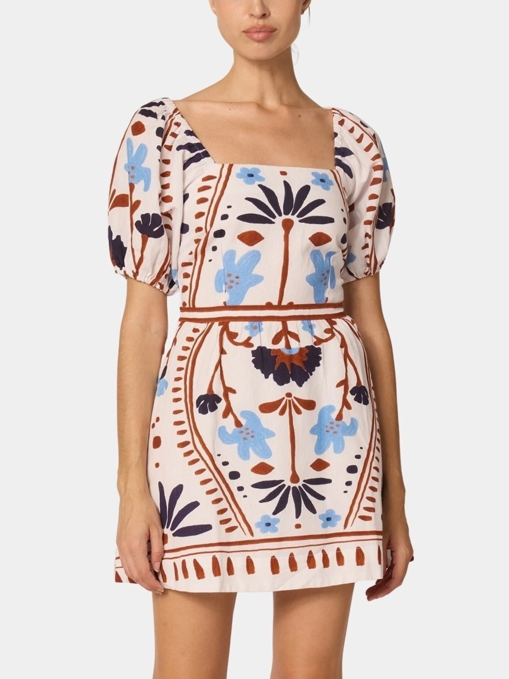 Cleobella Square-Neck Puff Sleeve Mini Dress - Blue, Cream & Rust